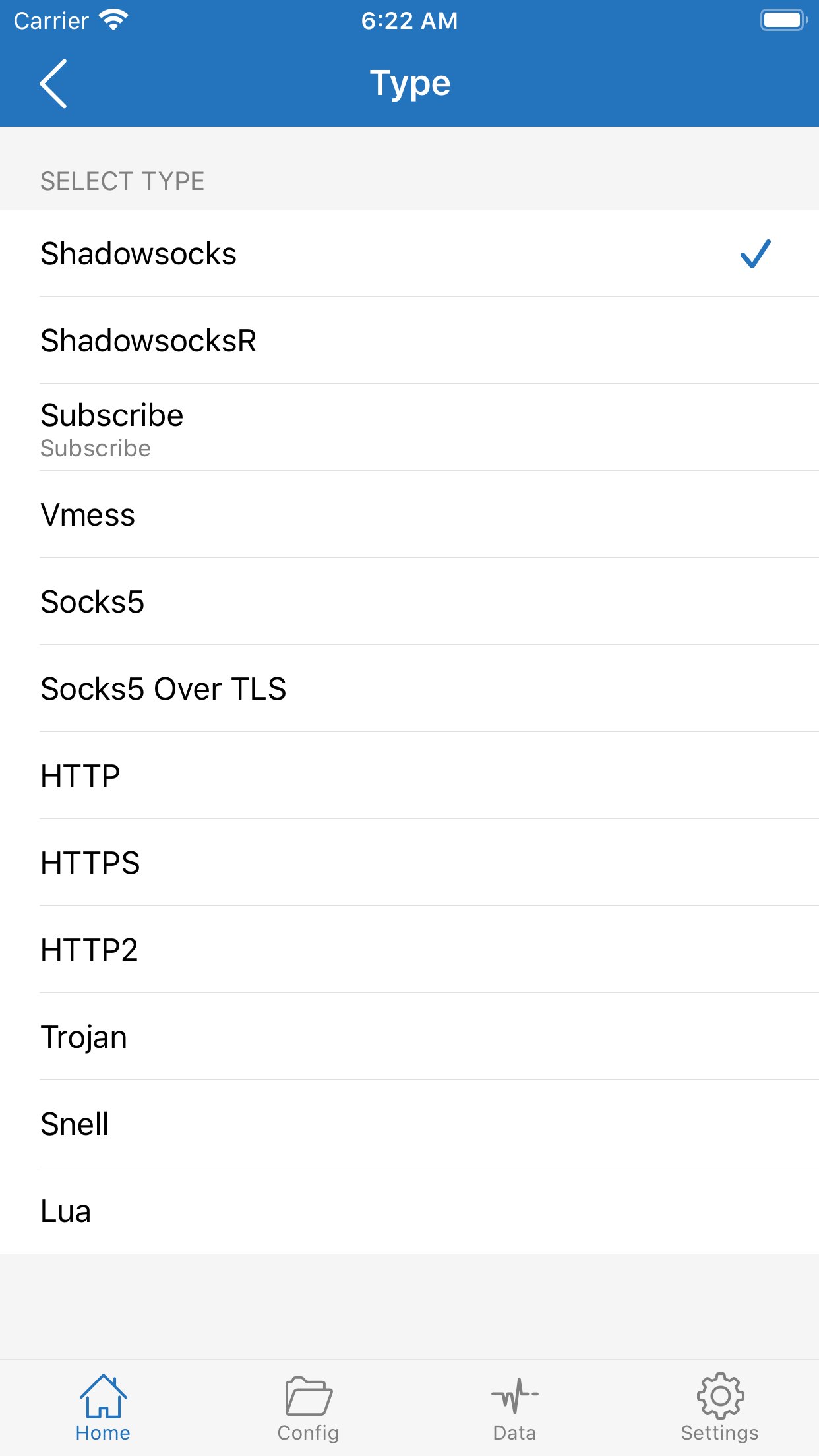 开发者 App Store 截图。Type 列表里选 Subscribe，不要停在默认的 Shadowsocks。