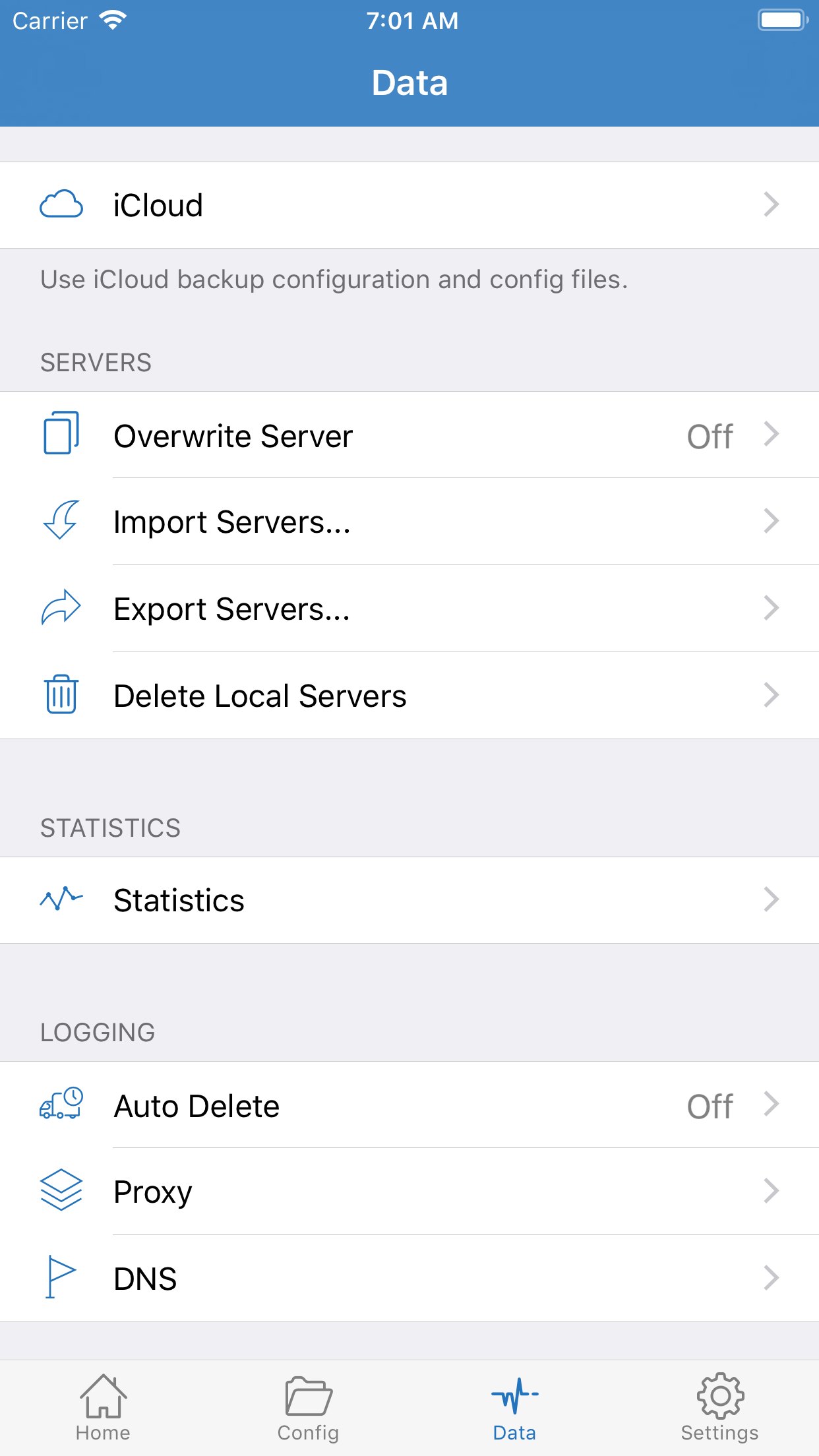 開発者の App Store 画面。Data：iCloud、ノードの入出力、Statistics、ログ。