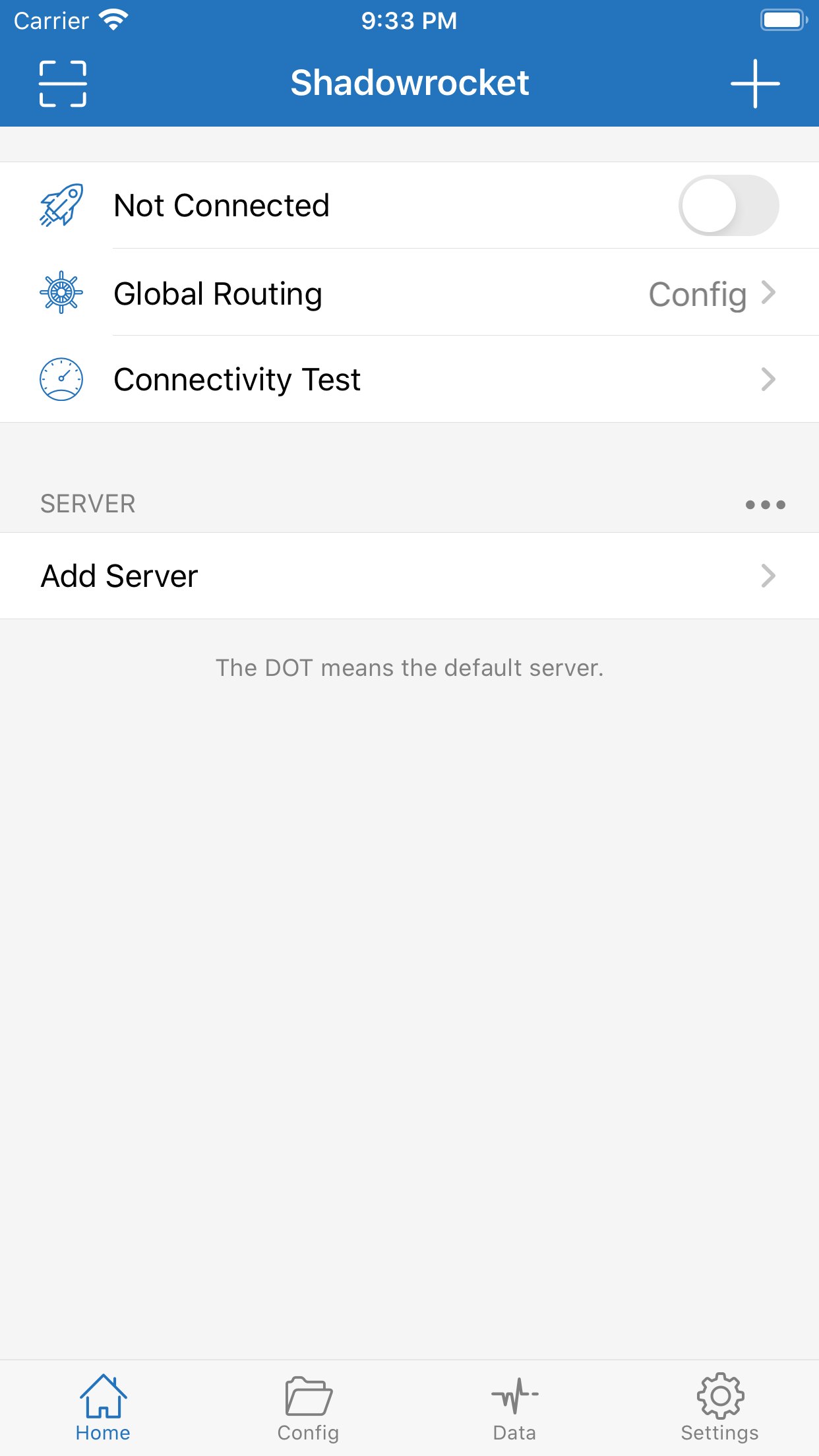 開発者の App Store 画面。ホーム：スイッチ、Global Routing、Connectivity Test。SERVER が空なら Add Server だけ。