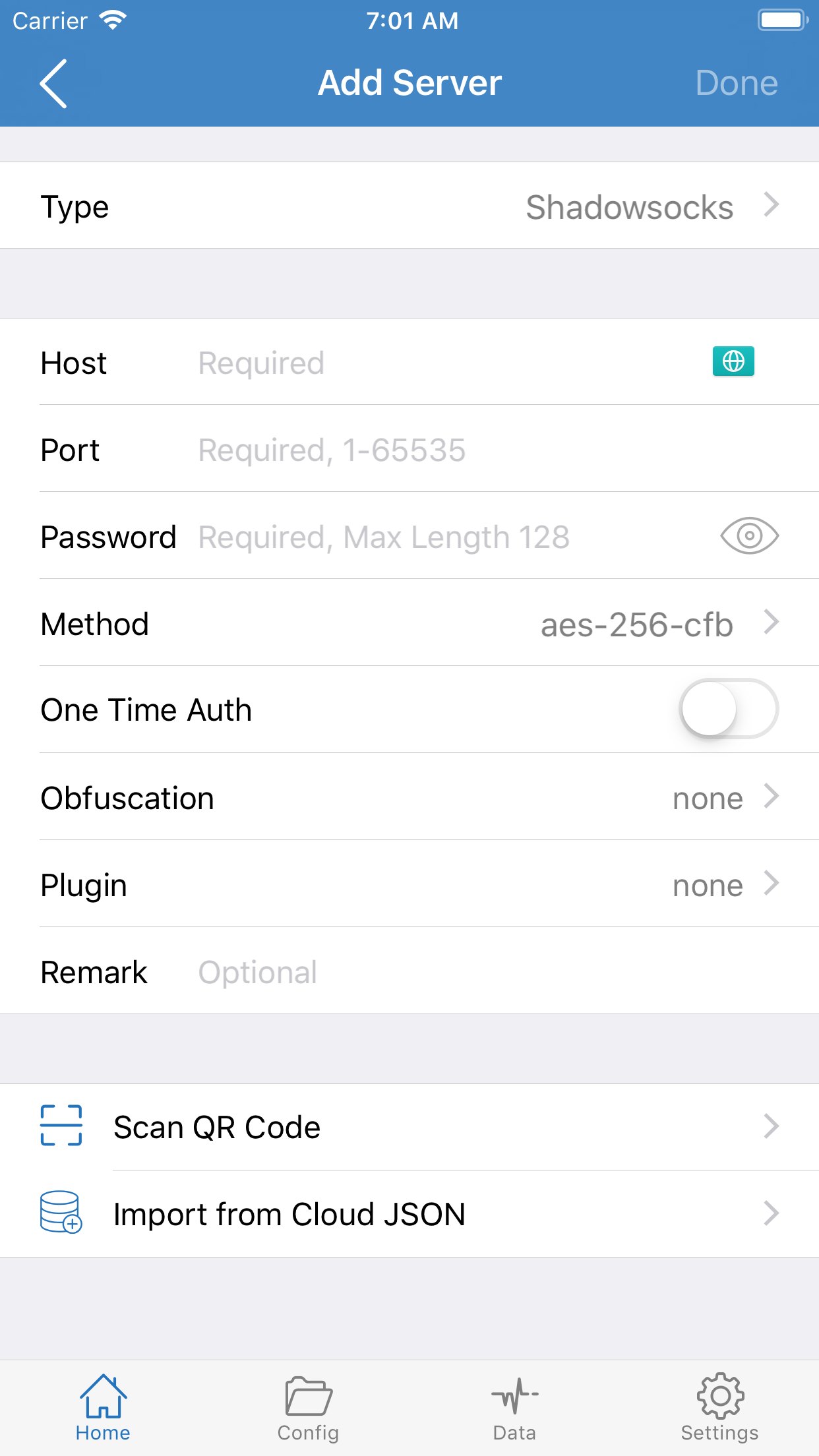 开发者 App Store 截图。加号后默认是 Shadowsocks 添加页；订阅不要按 Host / Port 填。